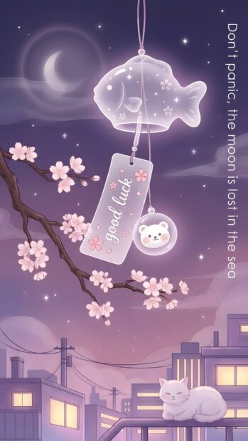 An aesthetic purple wallpaper depicts a charming anime-style night scene with a white cat resting on a rooftop. The image also features a branch of pink cherry blossoms, a moon, and a 'good luck' fish wind chime against a purple sky