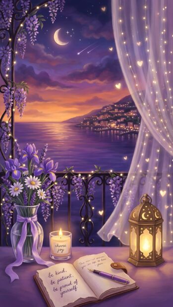 An aesthetic purple wallpaper showing a cozy balcony view at night, overlooking a town by the sea under a crescent moon. The scene includes a vase of purple flowers, a lit candle, and an open book with inspiring text