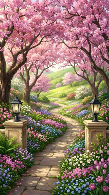An aesthetic purple wallpaper features a charming garden path lined with vibrant pink cherry blossom trees and colorful flowers. This picturesque scene includes two classic lampposts, creating a serene and inviting atmosphere