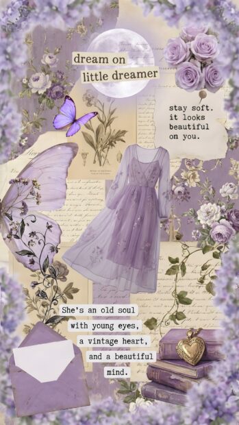This aesthetic purple wallpaper is a collage featuring a purple dress, butterflies, roses, an envelope, and stacked books, all with inspirational text overlays. The vintage-style elements create a unique and artistic look