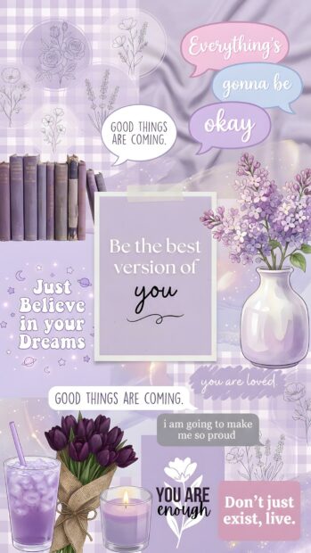 This aesthetic purple wallpaper is a busy collage featuring various purple items like books, flowers, a drink, and candles, interspersed with motivational quotes. The design is rich in purple hues and inspiring text