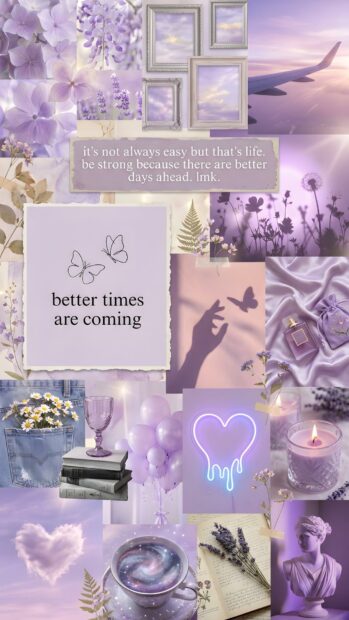 This aesthetic purple wallpaper is a collage featuring various elements like lavender flowers, framed pictures, an airplane wing, inspiring quotes, butterflies, and other purple-themed objects. It creates a mood board style background