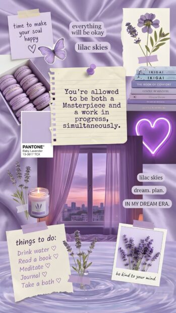 This aesthetic purple wallpaper features a charming collage of lavender-themed elements and uplifting quotes. It includes purple macarons, a butterfly, stylized books, and a window view, creating a serene mood board