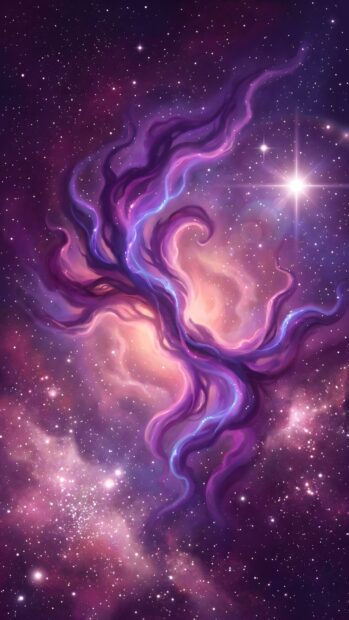This aesthetic purple wallpaper showcases a vibrant cosmic nebula with swirling purple and pink clouds. Bright stars and a prominent starburst illuminate the deep space background