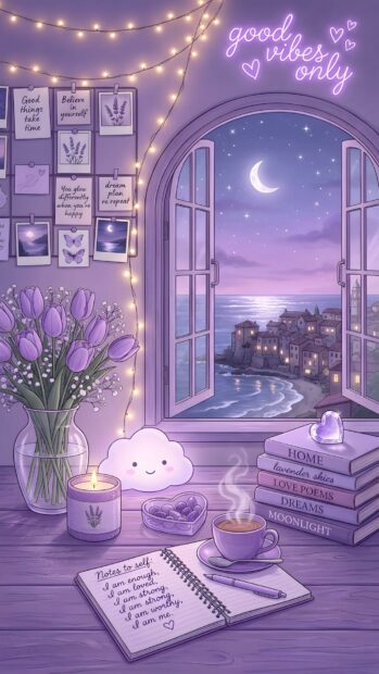 An aesthetic purple wallpaper depicting a cozy room at night with an open window overlooking a moonlit sea town. The scene includes string lights, a vase of tulips, books, and a neon sign, all rendered in a charming cartoon style