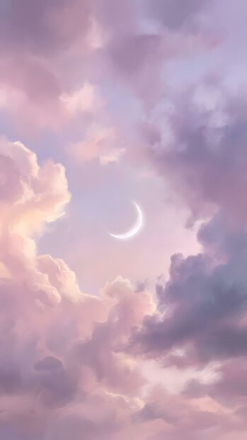 An aesthetic purple wallpaper showing a beautiful crescent moon surrounded by soft, pastel pink and purple clouds. This serene sky scene is perfect for mobile backgrounds