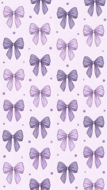 An aesthetic purple wallpaper displaying a charming repeating pattern of small purple bows and polka dots. This design offers a cute and uniform background