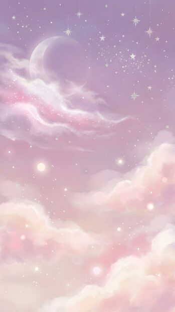 An aesthetic purple wallpaper featuring a dreamy pastel sky filled with soft pink and purple clouds, a subtle crescent moon, and sparkling stars. This gentle background creates a calm and ethereal mood
