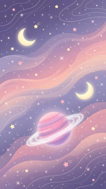This aesthetic purple wallpaper features a dreamy cartoon space scene with a ringed planet, crescent moons, and countless stars. The pastel purple and pink nebula clouds create a magical backdrop for mobile devices