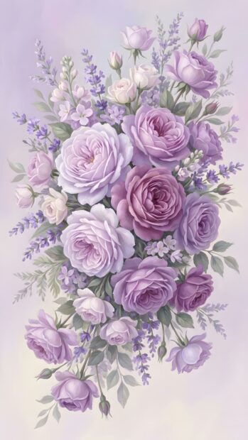 An aesthetic purple wallpaper showcasing a beautiful bouquet of elegant purple and lavender roses with delicate green leaves. The floral arrangement fills the frame with soft, romantic hues