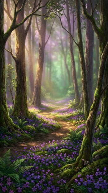 This aesthetic purple wallpaper depicts an enchanted forest with tall trees, a winding path, and vibrant purple flowers covering the ground. Misty light filters through the canopy, creating a magical atmosphere