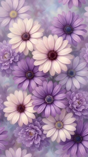 This aesthetic purple wallpaper showcases a vibrant pattern of purple and white daisy-like flowers filling the entire frame. The detailed floral arrangement provides a soft, natural background