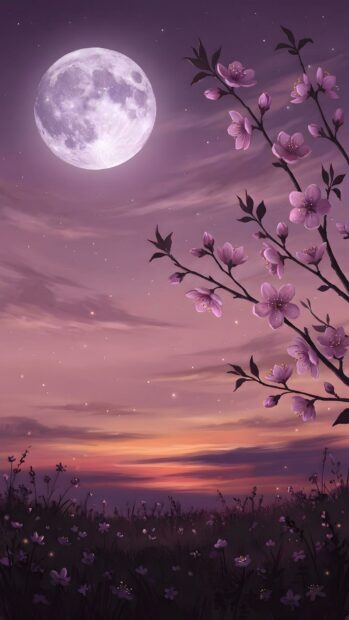 This aesthetic purple wallpaper depicts a serene night scene with a large full moon illuminating a branch of delicate cherry blossoms. A beautiful purple and pink sunset sky adds to the tranquil atmosphere