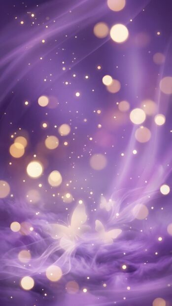 An aesthetic purple wallpaper featuring glowing bokeh lights and subtle butterfly silhouettes emerging from soft, ethereal mist. This vibrant purple background creates a dreamy and magical visual experience