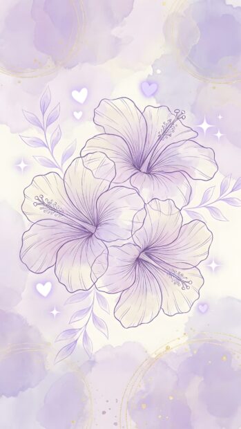 An aesthetic purple wallpaper featuring three outlined hibiscus flowers with soft purple watercolor splashes and subtle golden accents. Small hearts and sparkles enhance the dreamy design