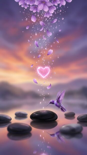 An aesthetic purple wallpaper depicts a magical scene with a hummingbird flying over water, illuminated by a glowing pink heart. Purple petals and water droplets descend from above against a beautiful sunset sky