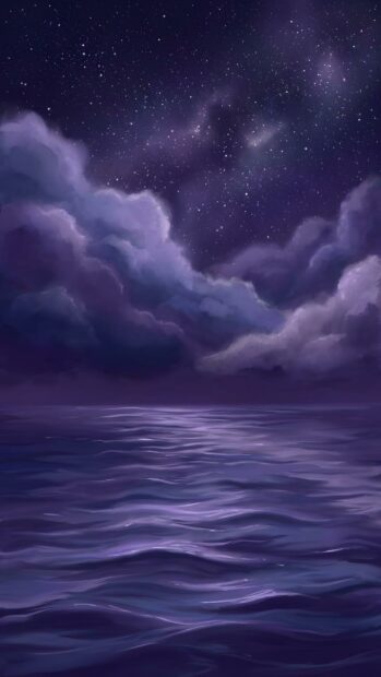 This aesthetic purple wallpaper features a mesmerizing depiction of a dark purple ocean under a vast starry night sky. Dramatic purple clouds add depth to this artistic and serene landscape