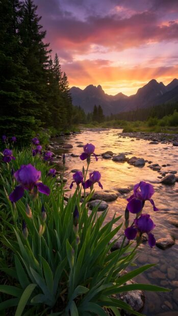 An aesthetic purple wallpaper captures a stunning natural landscape featuring vibrant purple irises by a river. The scene is set against a dramatic sunset sky with mountains in the distance, creating a serene and picturesque view