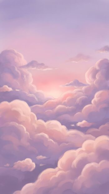 This aesthetic purple wallpaper features soft, pastel clouds beautifully illuminated by a gentle sunset glow. The dreamy sky creates a serene and calming background