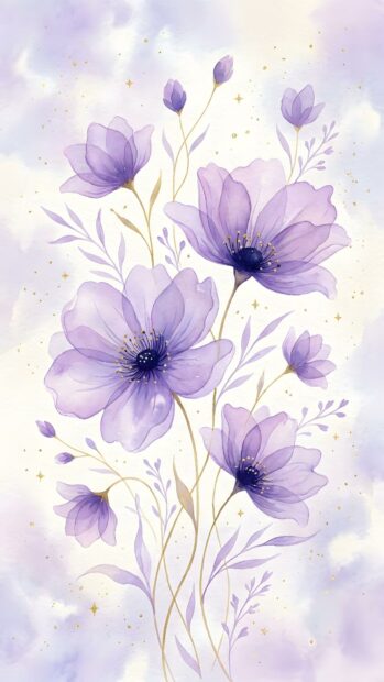 This aesthetic purple wallpaper features delicate watercolor flowers with subtle gold flecks, creating a serene and elegant look. The translucent petals and soft hues are perfect for a calming background