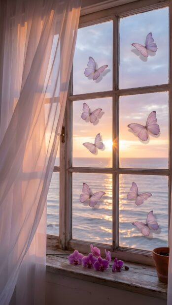 An aesthetic purple wallpaper shows a serene window view overlooking a sunset ocean scene with light purple butterflies. A sheer curtain and purple orchids on the windowsill complete this tranquil setting