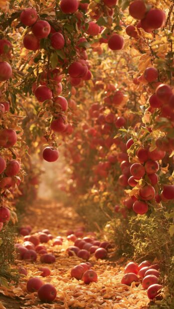 Autumn Wallpaper depicting a vibrant apple orchard with ripe red apples hanging from trees and scattered on the ground, bathed in warm sunlight