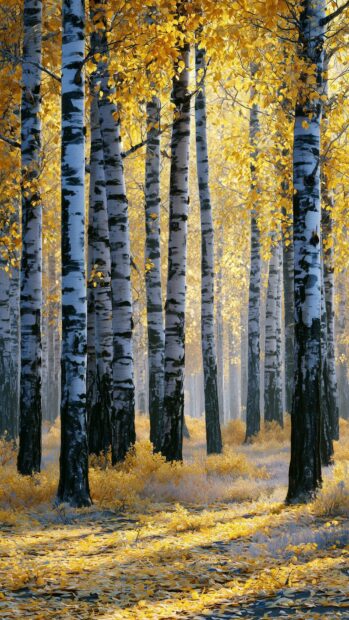 A vibrant autumn wallpaper featuring a grove of white birch trees with bright yellow leaves under sunlight