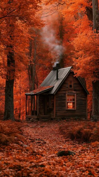 Autumn Wallpaper featuring a cozy wooden cabin with smoke rising from its chimney, nestled among vibrant orange and red maple trees