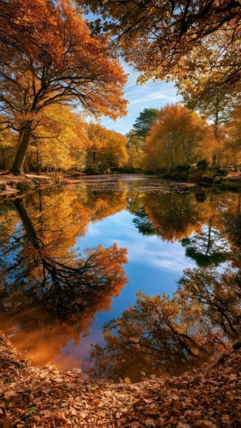 Autumn wallpaper depicting a serene forest lake surrounded by golden autumn trees with perfect reflections