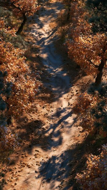 An Autumn Wallpaper featuring a winding forest path covered with fallen leaves and dappled shadows