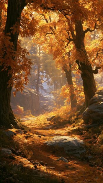 Autumn wallpaper depicting a winding path through a sun-drenched forest with tall trees and golden-orange leaves