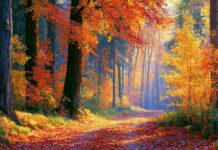 A beautiful Autumn Wallpaper showing a forest path covered in red leaves with sun rays shining through vibrant orange and yellow trees