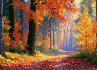 A beautiful Autumn Wallpaper showing a forest path covered in red leaves with sun rays shining through vibrant orange and yellow trees