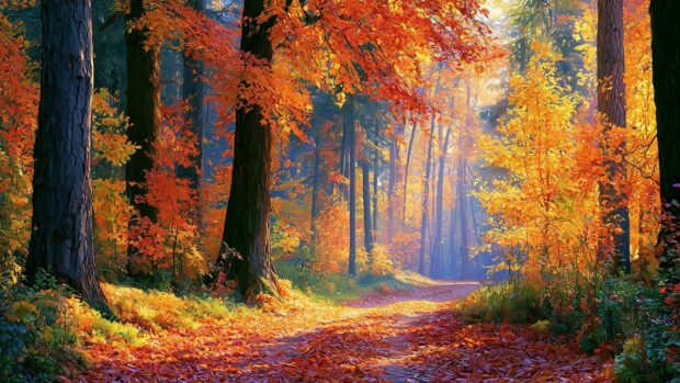 A beautiful Autumn Wallpaper showing a forest path covered in red leaves with sun rays shining through vibrant orange and yellow trees