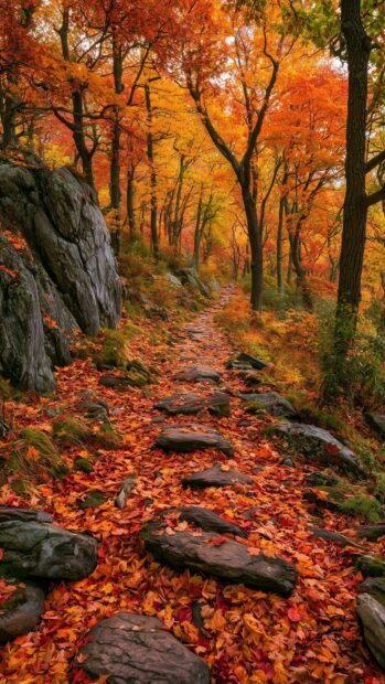 An autumn wallpaper featuring a winding forest path covered with vibrant red and orange leaves and large rocks