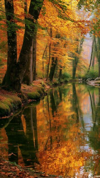 Autumn wallpaper showing a serene forest with golden-yellow trees reflecting perfectly in a calm river