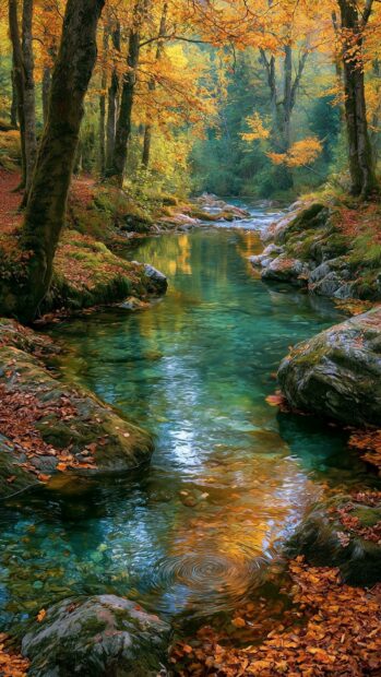 A beautiful autumn wallpaper showing a clear stream flowing through a vibrant forest with colorful leaves on its banks