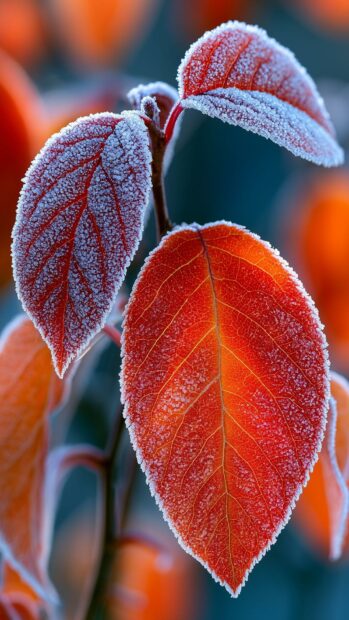 Autumn wallpaper featuring a close-up of two vibrant red leaves with delicate white frost along their edges