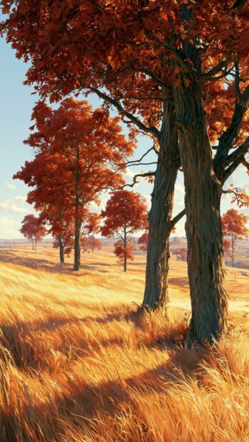 An immersive Autumn Wallpaper featuring a golden grassy field with tall trees displaying vibrant red and orange leaves under a clear blue sky