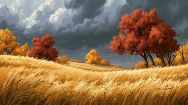 An Autumn Wallpaper depicting a vast golden field with vibrant fall trees under a dramatic cloudy sky