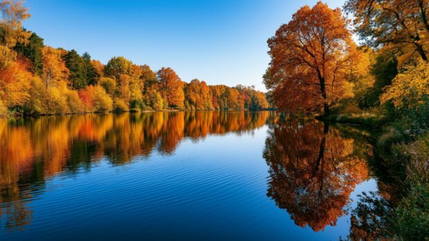 A serene Autumn Wallpaper depicting colorful trees reflecting perfectly on a calm lake under a bright blue sky