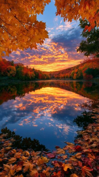 A beautiful Autumn Wallpaper showing a vibrant sunset reflected in a calm lake, framed by colorful fall leaves