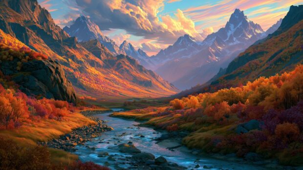 An Autumn Wallpaper showcasing a vibrant valley with a winding river, colorful trees, and majestic mountains under a dramatic sky