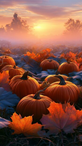 Autumn wallpaper featuring a field of pumpkins and fallen leaves under a misty sunset sky