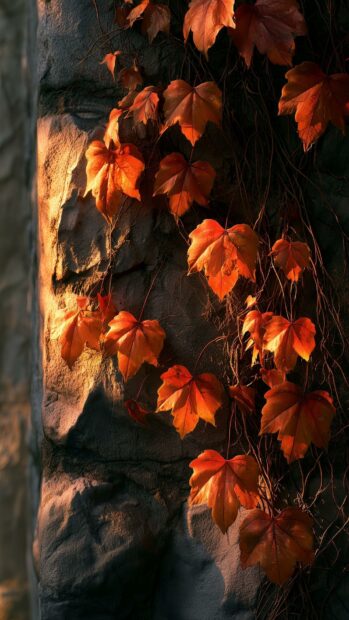 A close-up Autumn Wallpaper showcasing vibrant red and orange ivy leaves clinging to an old stone wall bathed in warm sunlight