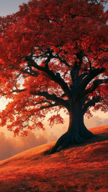 Autumn wallpaper featuring a majestic ancient tree with striking red leaves standing on a gentle hill