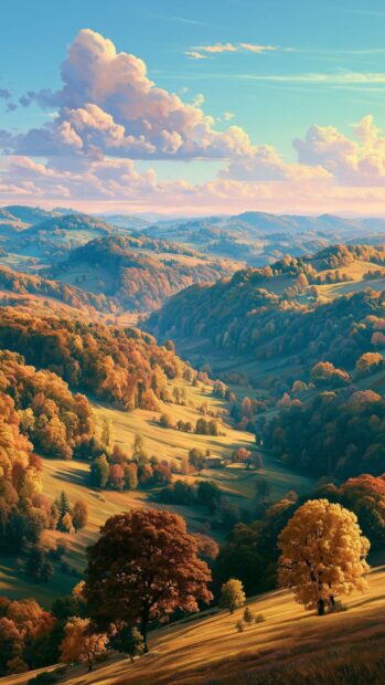Autumn wallpaper showing a vast landscape of rolling hills covered with colorful fall trees under a bright sky