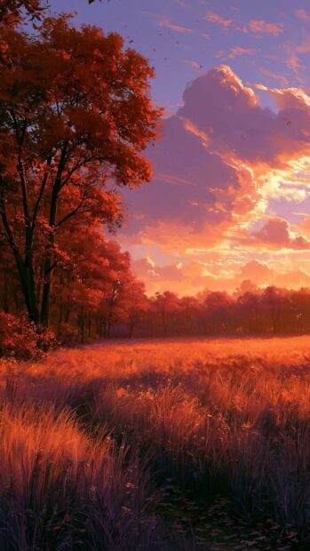 Autumn Wallpaper featuring a breathtaking sunset over an open field with tall grass and a vibrant autumn tree, displaying orange and purple sky hues