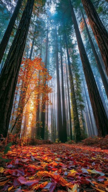 An immersive autumn wallpaper looking up into a tall forest with a tree showing bright orange leaves and sun rays filtering through mist