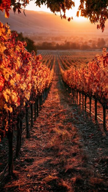 Autumn wallpaper featuring a vineyard with rows of vibrant orange-red leaves under a golden sunset sky